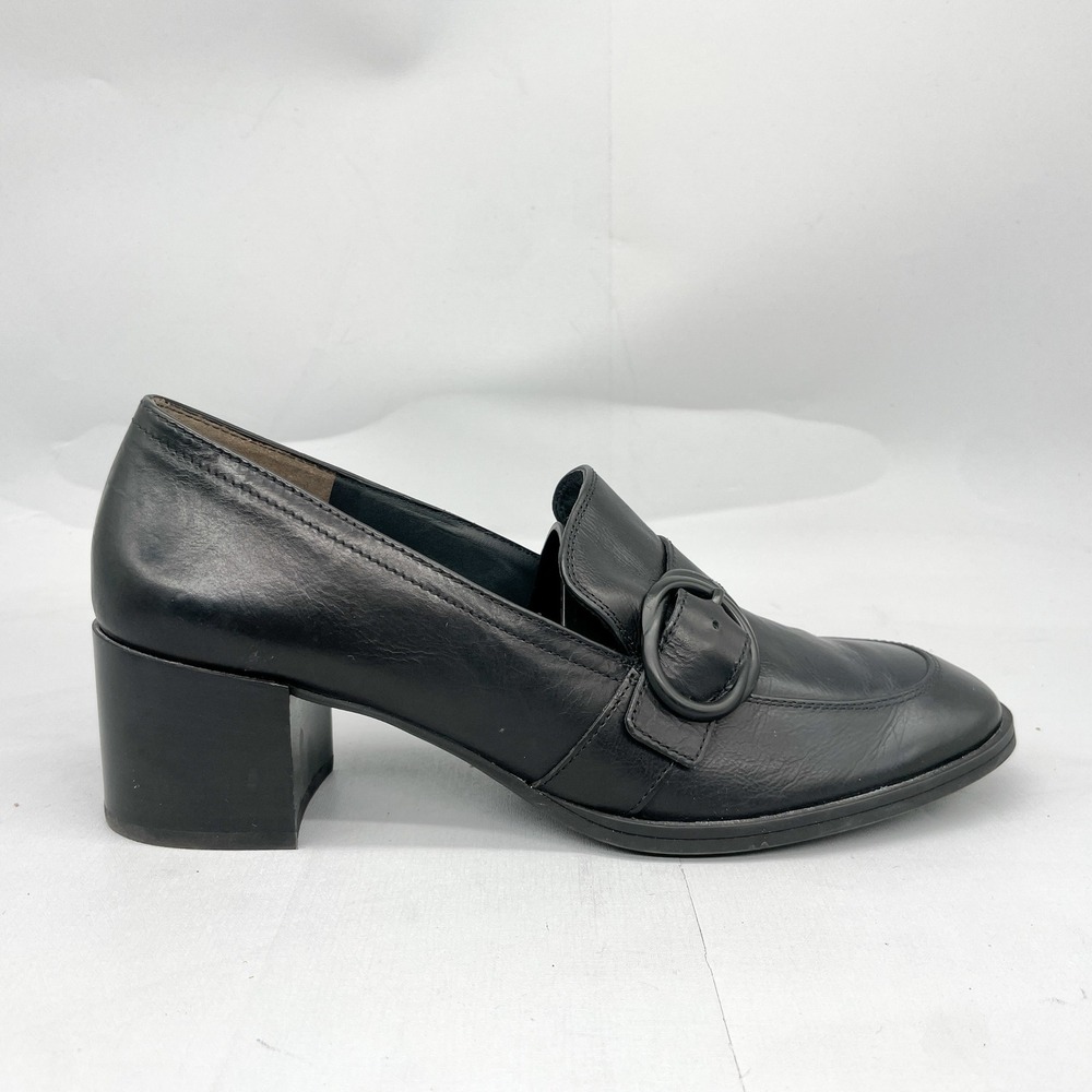 Paul Green Womens 8.5 11 Black Leather Buckle Block Heel Loafers Heels Y2K 90S